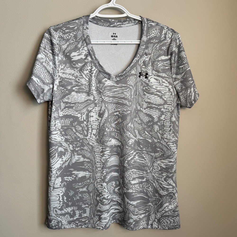 Under Armour Womens‎ Loose Fit V-Neck Short Sleeve Athletic T-Shirt Grey White L